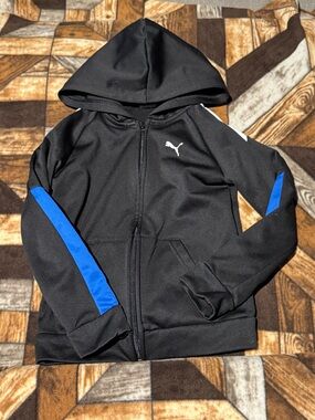 Puma Black Hooded Performance Jacket with Blue Sleeve Panels